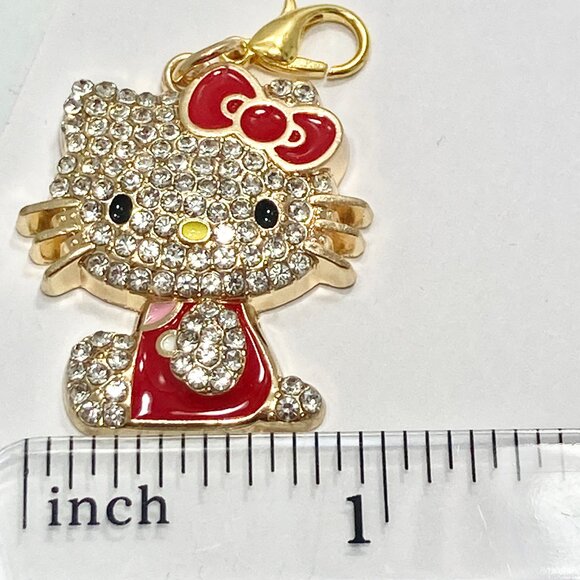 Hello Kitty Crystal Bling Charm Clip On Zipper Pull Bag Purse Red Bow Enamel - Picture 8 of 9